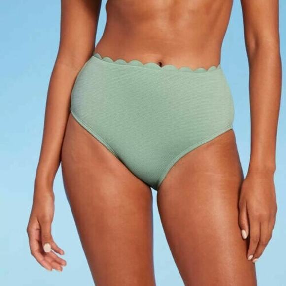 Kona Sol Scalloped Pique High Waist Bikini Bottoms Small Green - Picture 1 of 7